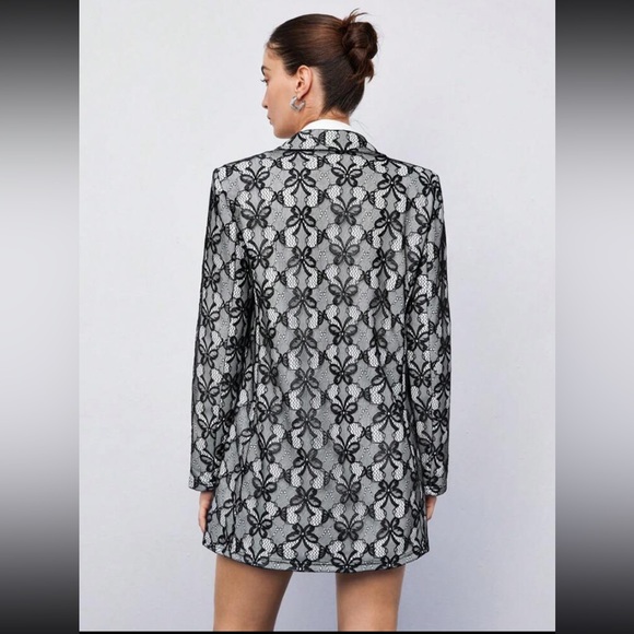 NWT New Contrast Collar Lace Blazer Dress Black White Long Sleeve Butterfly - Picture 6 of 16